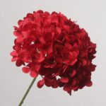 Rich crimson red artificial hydrangea stem from NB8Floral, featuring deep, vibrant faux silk petals on a green stem.