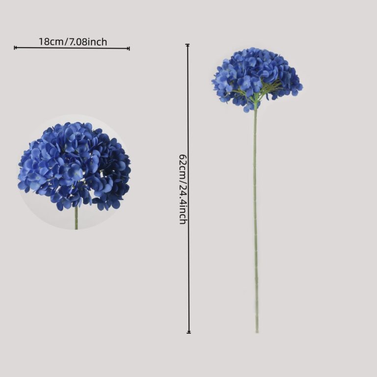 Dimension guide for NB8Floral royal blue artificial hydrangea, showing a total height of 62cm (24.4 inches) and a flower head width of 18cm (7.08 inches).
