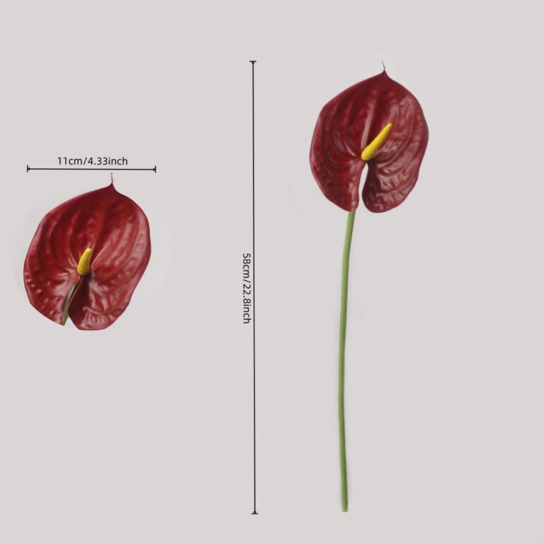 Dimension infographic of artificial red anthurium flower showing 58cm stem length and 11cm head width.