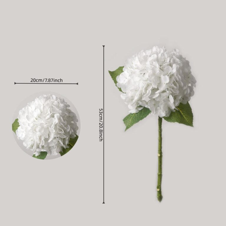 Product dimension chart for an artificial white hydrangea, showing a total height of 53cm (20.8 inches) and a flower head width of 20cm (7.87 inches).