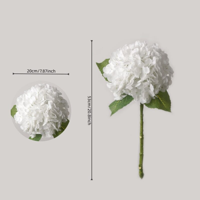 Product dimension chart for an artificial white hydrangea, showing a total height of 53cm (20.8 inches) and a flower head width of 20cm (7.87 inches).