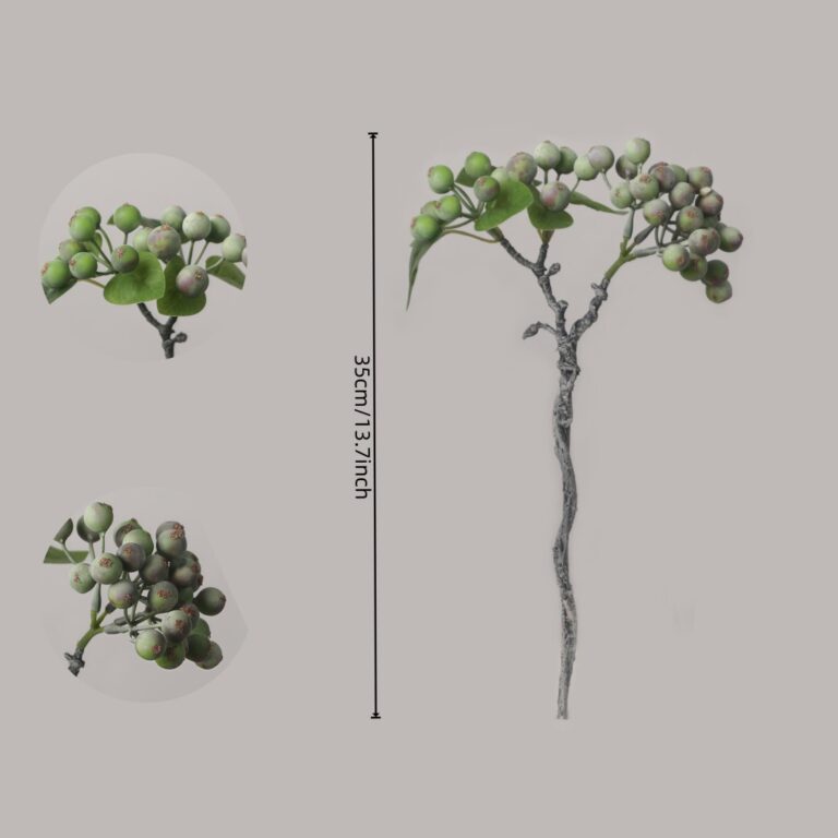 Product size diagram for a faux green berry spray, illustrating a total stem length of 35cm (13.7 inches) alongside close-up structural berry details.