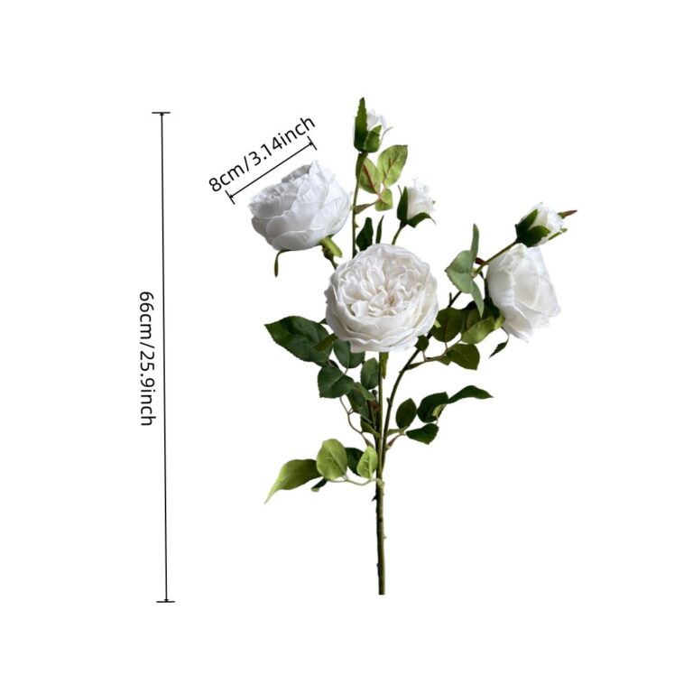 White silk roses on stem, 66cm/25.9inch long, 8cm/3.14inch flower diameter