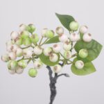 High-quality artificial berry spray featuring green and cream bicolor berries with realistic brown tips and lush green leaves against a gray background.