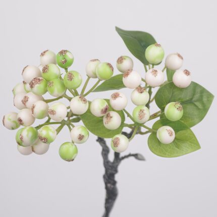 High-quality artificial berry spray featuring green and cream bicolor berries with realistic brown tips and lush green leaves against a gray background.