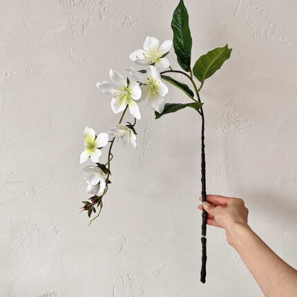 Realistic 3D silk jasmine garland with deep green leaves for elegant home or wedding decor.