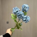 Silk artificial blue hydrangea bouquet with four large heads, perfect for permanent home decor.