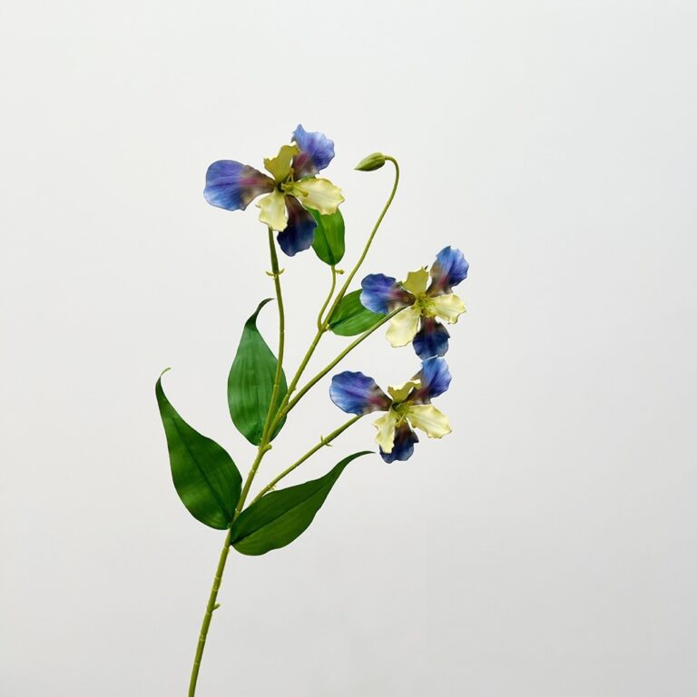 Three realistic 3D Pu-Iris artificial flower stems featuring blue and white blossoms for wedding or home decor.