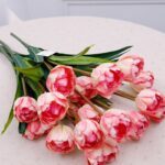 Vibrant bouquet of realistic silk pink tulips, perfect for everlasting floral home decor.
