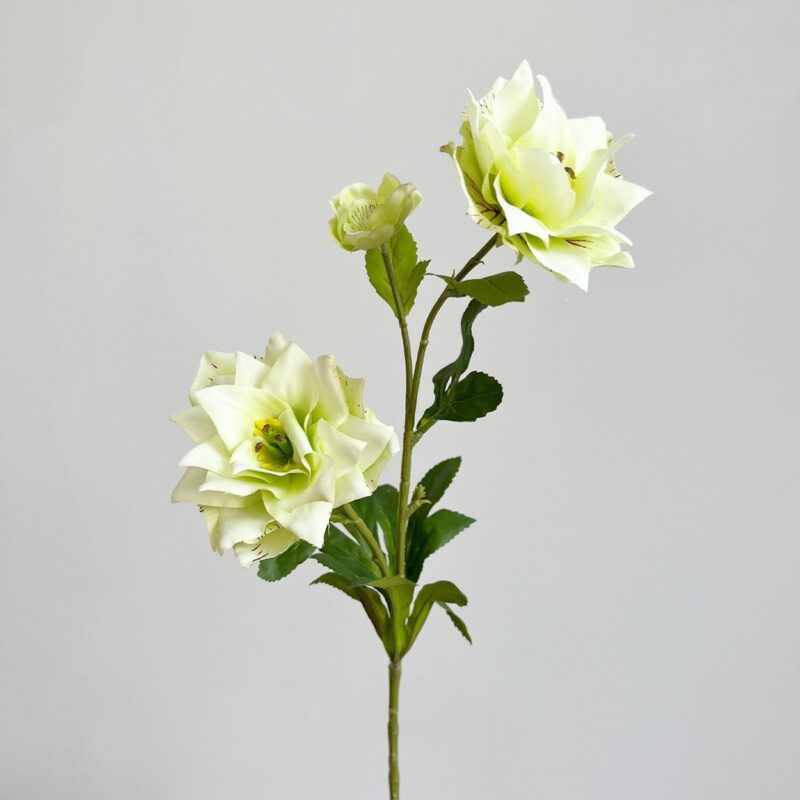 Three heads of white silk clematis flowers on a green stem for artificial floral bouquets.