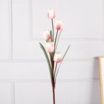 Silk tulip bouquet with five heads of light pink artificial flowers for lasting home decor.