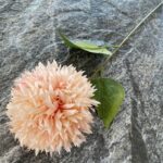 Peach silk pompon ball and faux flower stems displayed on dark slate, offering realistic artificial flowers for home decor.