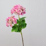 3D pink artificial silk hydrangeas on a stem with leaves for floral decor