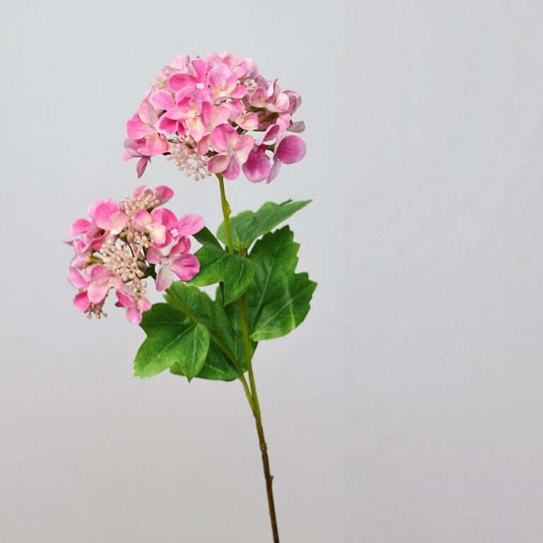 3D pink artificial silk hydrangeas on a stem with leaves for floral decor