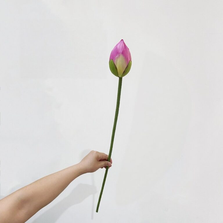 Silk lotus flower bud, product ZZHY5000, held in hand against a plain white background.