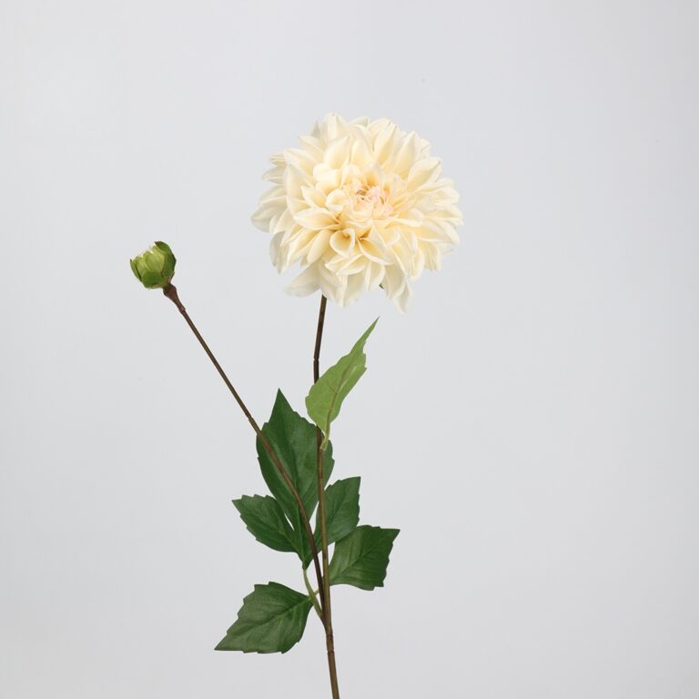 Realistic pair of cream dahlia artificial flowers with greenery, perfect for wedding centerpieces or home decor.