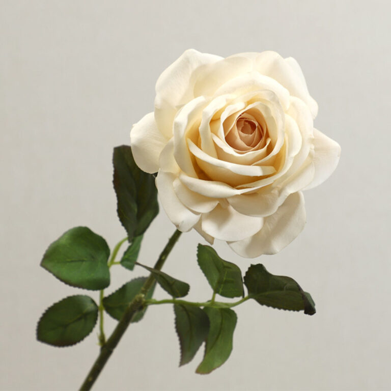 Realistic white rose bloom on stem, perfect for artificial wedding flowers or home decor.