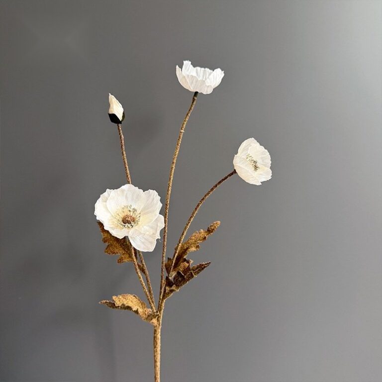 Artificial silk corn poppy bouquet featuring four white blooms and buds on brown stems.