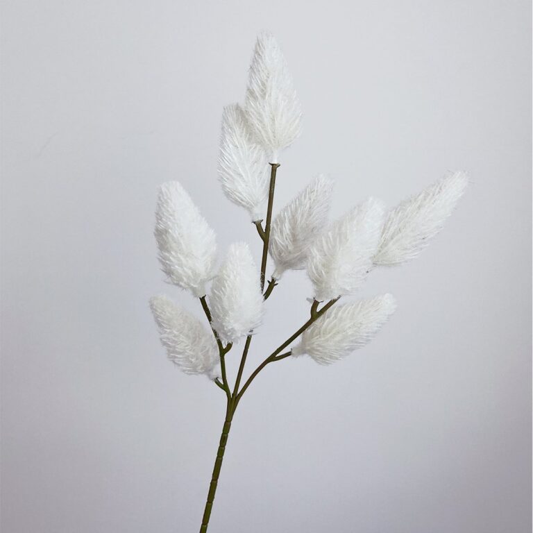 Artificial bunny tails decor with nine fluffy white plumes arranged on a single plastic stem.