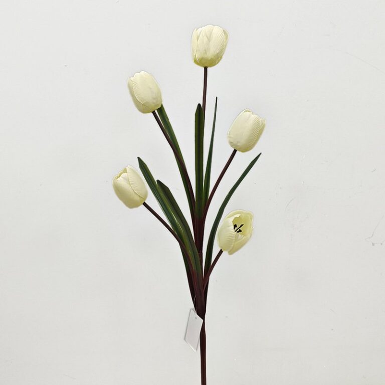 Artificial cream silk tulip bouquet featuring five realistic blooms on stems.