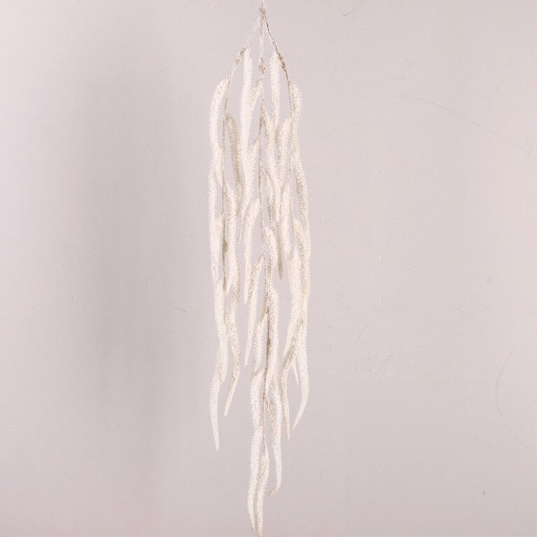 Hanging white faux foam floral strands, perfect for wedding or party decor.