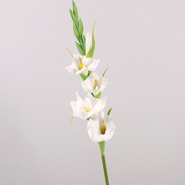 Artificial white Pu-Glads flowers on stem with green foliage for decor.