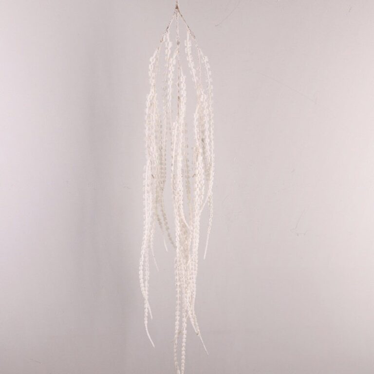 Delicate artificial white flower strands for hanging decorative indoor or outdoor floral arrangements.