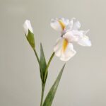 Realistic artificial white and yellow irises, showing both an open bloom and a fresh bud.