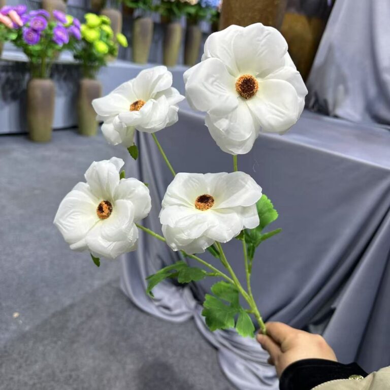 Four white artificial silk peonies on stems, perfect for luxury wedding and home decor.