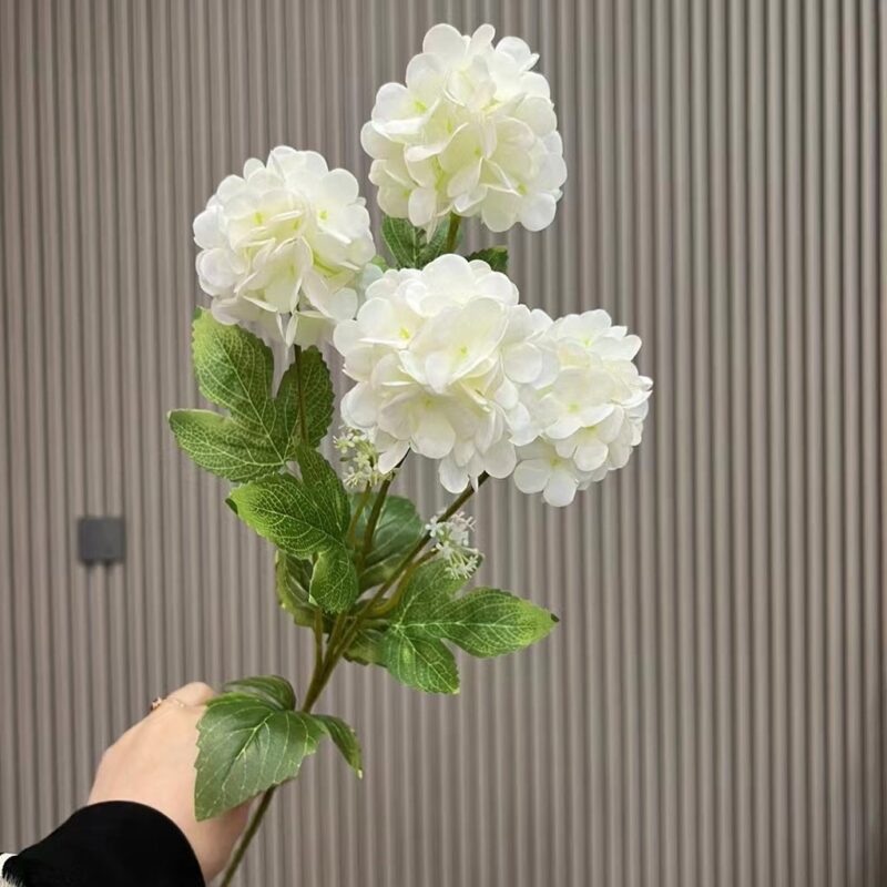 Artificial white silk hydrangea bouquet with four large heads for realistic floral decor
