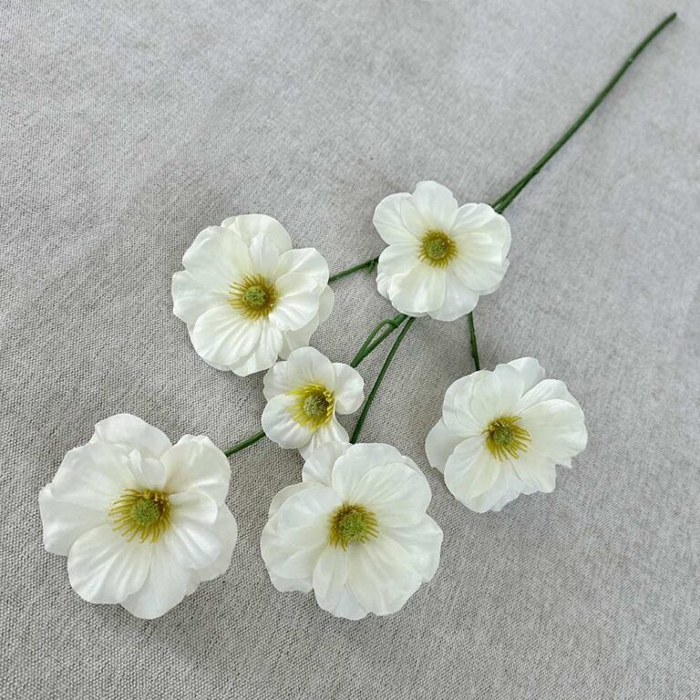 Set of six white artificial silk flower heads on a green stem.