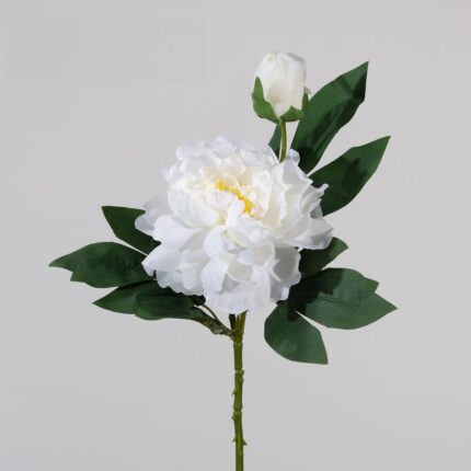 Realistic artificial silk peony bouquet with buds and green leaves for home decor