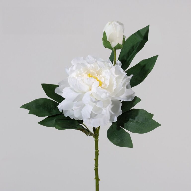 Realistic artificial silk peony bouquet with buds and green leaves for home decor