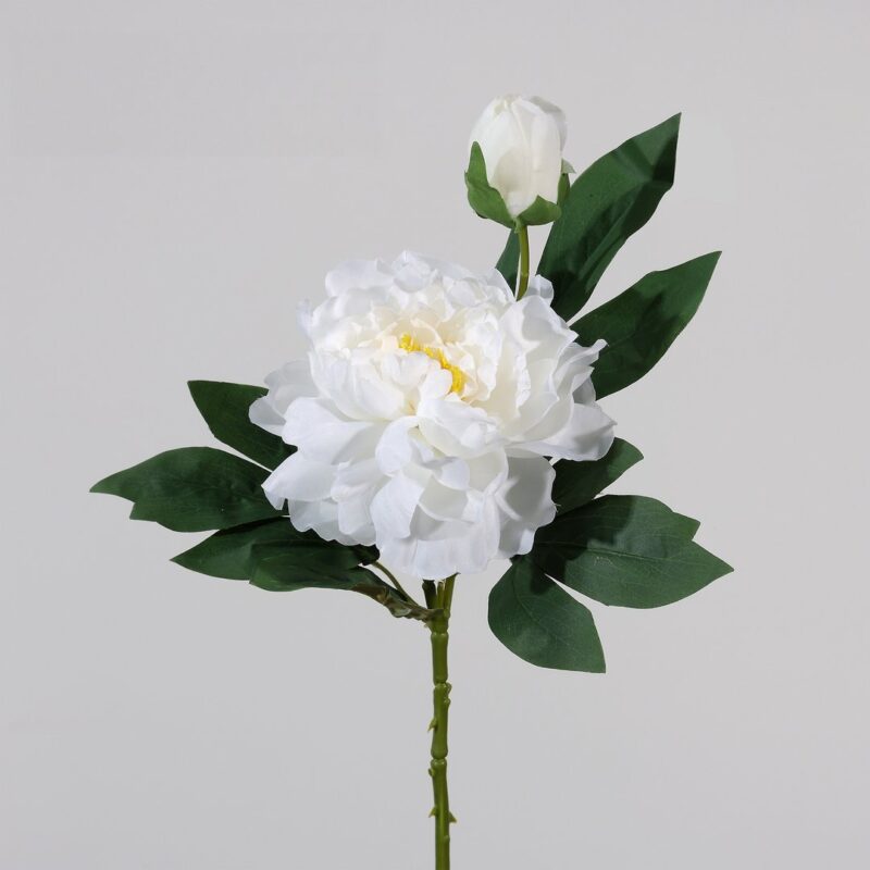Realistic artificial silk peony bouquet with buds and green leaves for home decor