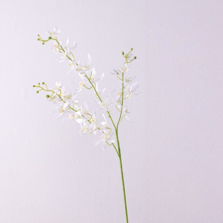 Artificial silk white Vanda orchid arrangement with delicate blooms on slender stems.