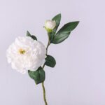 Artificial white peony flowers set with leaves and bud, perfect for faux floral home decor.