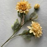 Three stalks of realistic yellow silk dahlia faux flower stems for wedding or home decor.