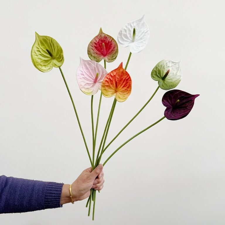 Realistic artificial Anthurium bouquet perfect for wedding centerpieces or year-round home decor.