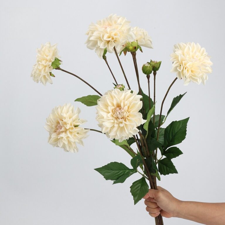 Realistic white dahlia faux flower stems perfect for crafting beautiful wedding or home decor arrangements.