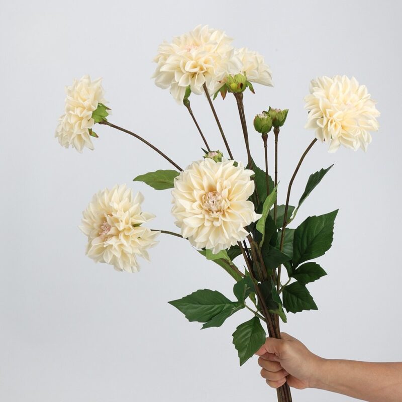 Realistic white dahlia faux flower stems perfect for crafting beautiful wedding or home decor arrangements.