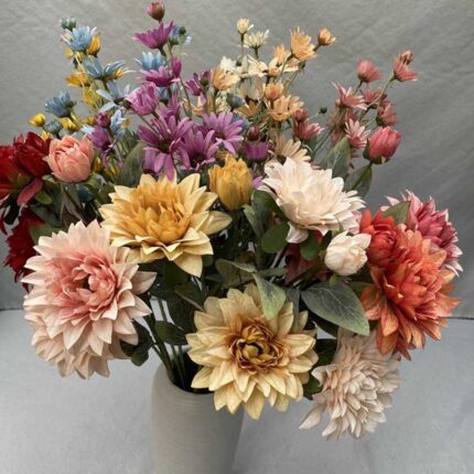 Realistic artificial flowers bouquet featuring silk dahlias, ideal for wedding and home centerpieces.