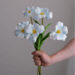 Realistic bouquet of light blue and white artificial tulips perfect for home decor