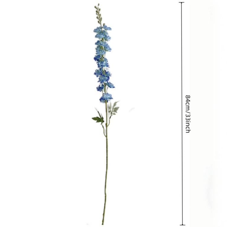Tall faux blue Delphinium silk flower arrangement stick display for home decor.