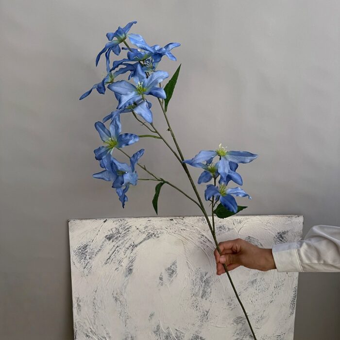 Realistic blue silk lily bouquet, 12 heads, perfect for home decor or photo props.