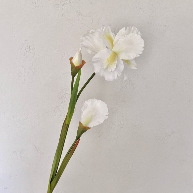 White faux silk iris bouquet featuring three artificial flower heads for home decor.
