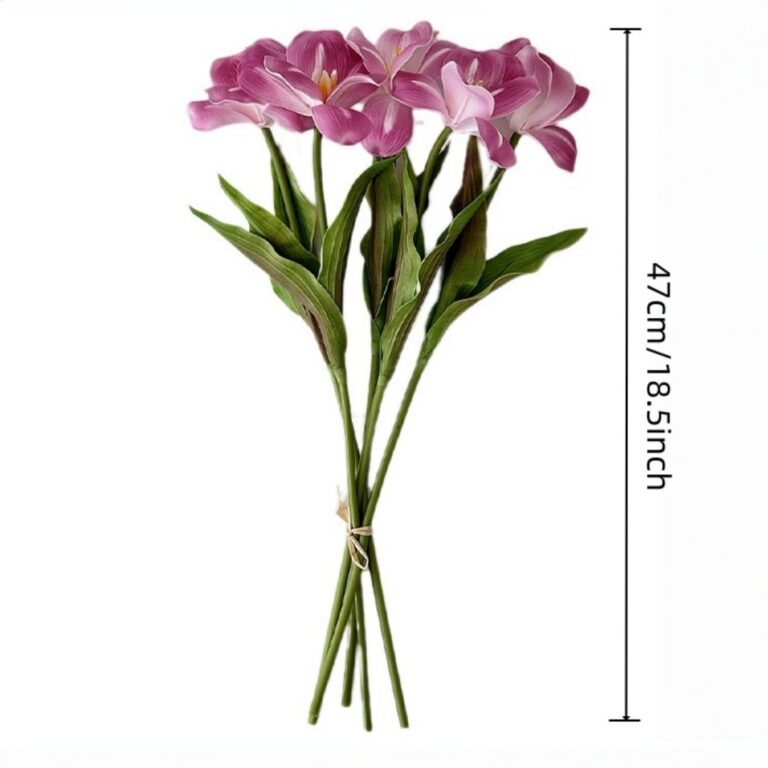 Artificial bouquet of pink lilies and greenery, simulating a vibrant floral arrangement for decor.