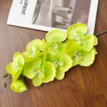 Artificial silk orchids, 8 heads of light green faux flowers arranged on wood surface.