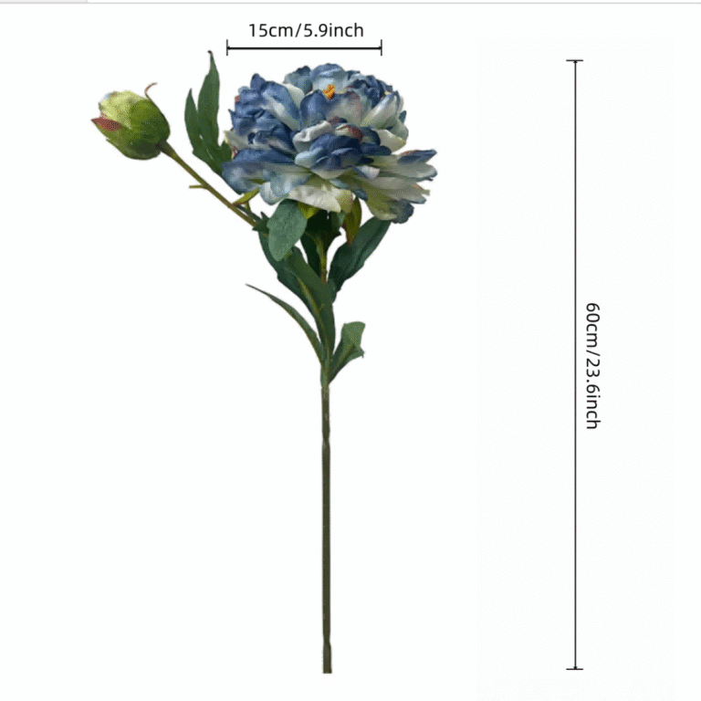 Artificial silk peony bouquet featuring two heads: one open blue bloom and one closed bud on a long stem