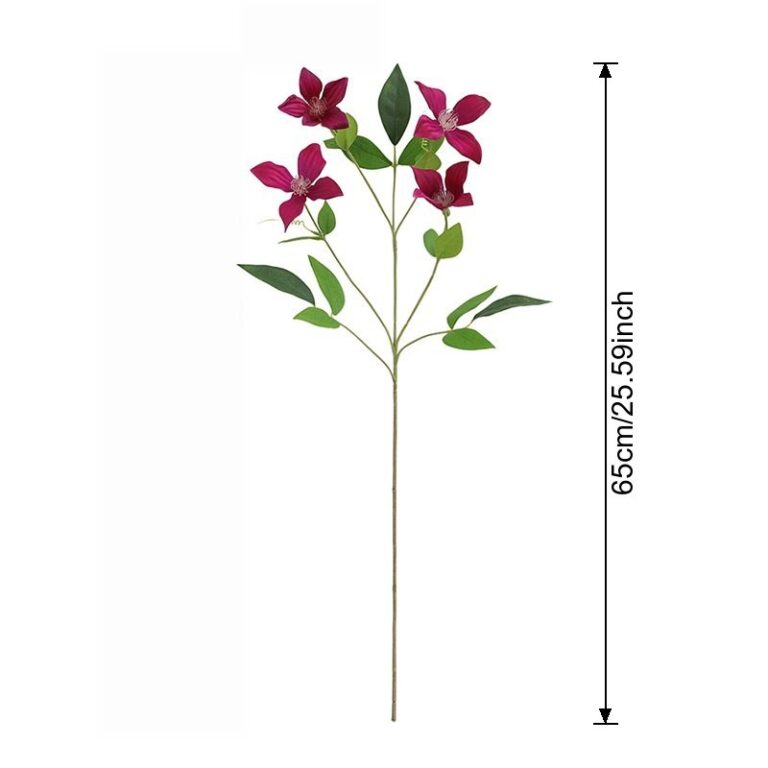Artificial silk clematis flower stem with 4 realistic blooms and greenery