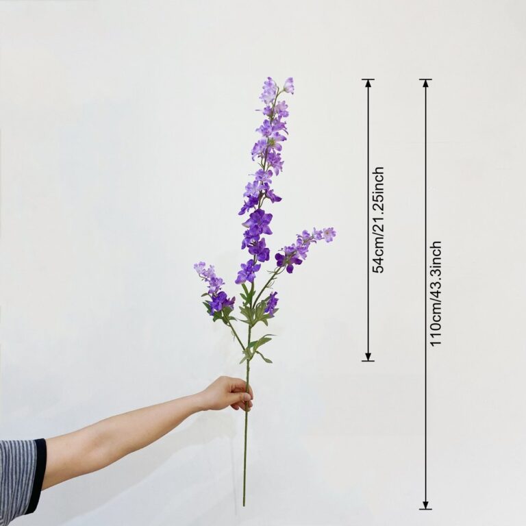 Silk delphinium flower bouquet arrangement displayed with size measurement.
